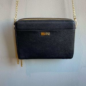Henri Bendel Black Leather Bag / Clutch / Wallet With Gold Accents